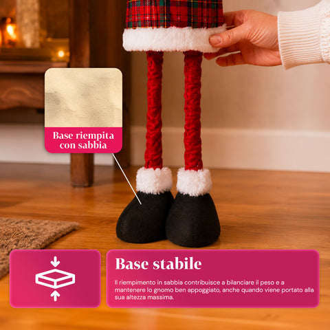 Gnomo di Natale Estensibile 80 cm con Cappello Rosso e Fiocchi di Neve – Soprammobile Natalizio in Tessuto Tartan con Struttura Regolabile