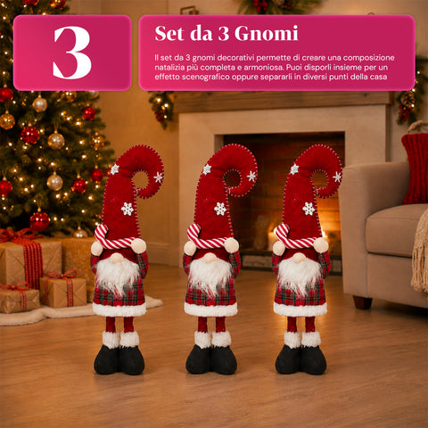 Gnomo di Natale Estensibile 80 cm con Cappello Rosso e Fiocchi di Neve – Soprammobile Natalizio in Tessuto Tartan con Struttura Regolabile