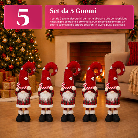 Gnomo di Natale Estensibile 80 cm con Cappello Rosso e Fiocchi di Neve – Soprammobile Natalizio in Tessuto Tartan con Struttura Regolabile