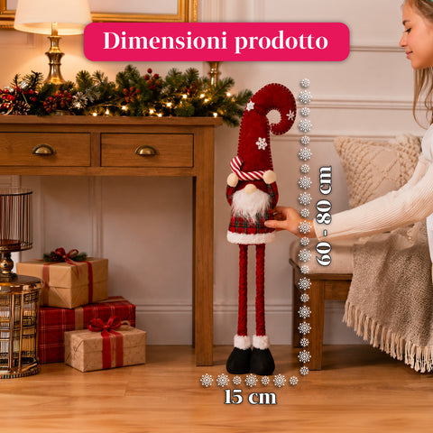 Gnomo di Natale Estensibile 80 cm con Cappello Rosso e Fiocchi di Neve – Soprammobile Natalizio in Tessuto Tartan con Struttura Regolabile