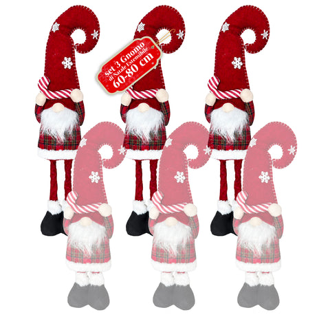 Gnomo di Natale Estensibile 80 cm con Cappello Rosso e Fiocchi di Neve – Soprammobile Natalizio in Tessuto Tartan con Struttura Regolabile