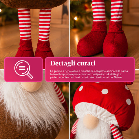 Gnomo Natalizio Fungo con Barba 50 cm, Ornamento Decorativo di Natale