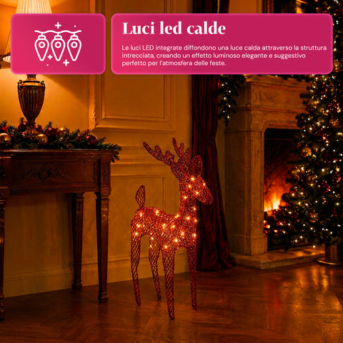 Renna Luminosa 90 cm Glitter con LED Luce Calda | Decorazione Natalizia in Vimini – 2 Finiture, 3 Colori