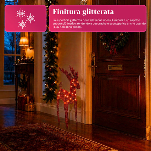 Renna Luminosa 90 cm Glitter con LED Luce Calda | Decorazione Natalizia in Vimini – 2 Finiture, 3 Colori