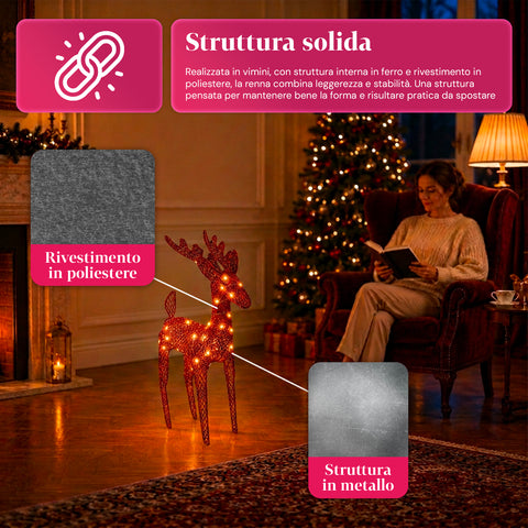 Renna Luminosa 90 cm Glitter con LED Luce Calda | Decorazione Natalizia in Vimini – 2 Finiture, 3 Colori