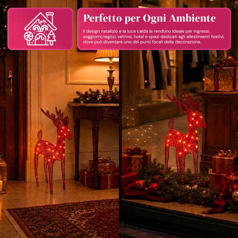 Renna Luminosa 90 cm Glitter con LED Luce Calda | Decorazione Natalizia in Vimini – 2 Finiture, 3 Colori
