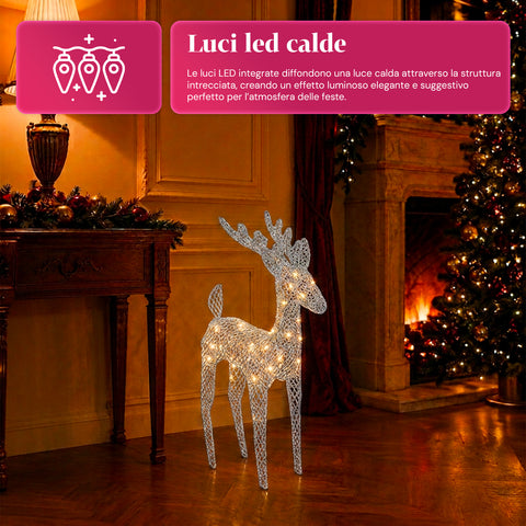 Renna Luminosa 90 cm Glitter con LED Luce Calda | Decorazione Natalizia in Vimini – 2 Finiture, 3 Colori