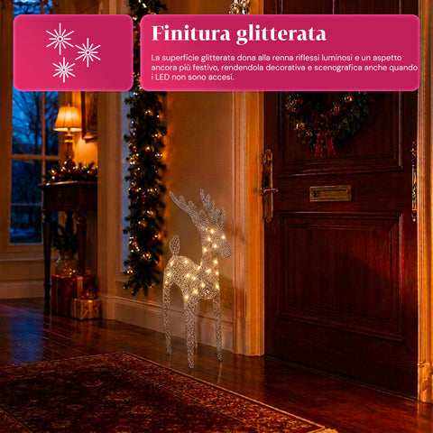 Renna Luminosa 90 cm Glitter con LED Luce Calda | Decorazione Natalizia in Vimini – 2 Finiture, 3 Colori