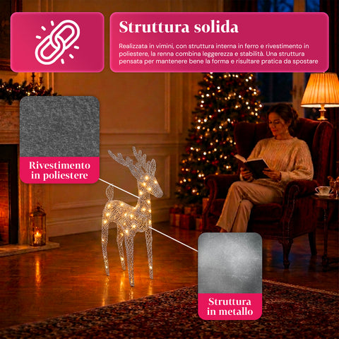 Renna Luminosa 90 cm Glitter con LED Luce Calda | Decorazione Natalizia in Vimini – 2 Finiture, 3 Colori