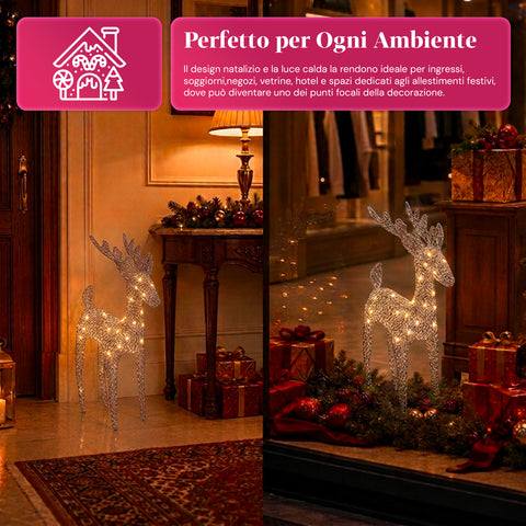 Renna Luminosa 90 cm Glitter con LED Luce Calda | Decorazione Natalizia in Vimini – 2 Finiture, 3 Colori