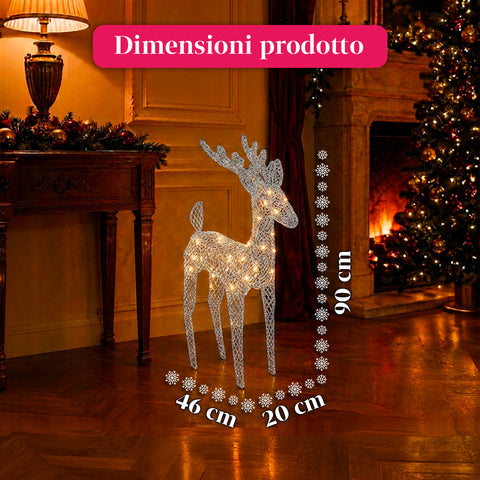Renna Luminosa 90 cm Glitter con LED Luce Calda | Decorazione Natalizia in Vimini – 2 Finiture, 3 Colori