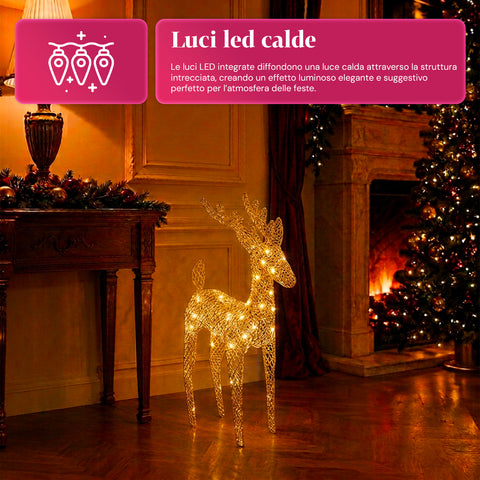 Renna Luminosa 90 cm Glitter con LED Luce Calda | Decorazione Natalizia in Vimini – 2 Finiture, 3 Colori