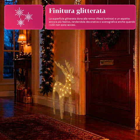 Renna Luminosa 90 cm Glitter con LED Luce Calda | Decorazione Natalizia in Vimini – 2 Finiture, 3 Colori