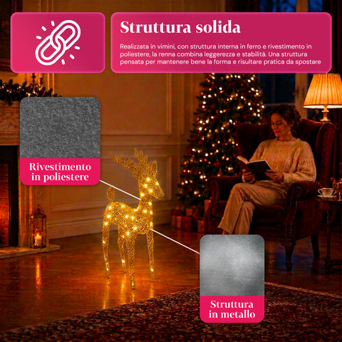 Renna Luminosa 90 cm Glitter con LED Luce Calda | Decorazione Natalizia in Vimini – 2 Finiture, 3 Colori