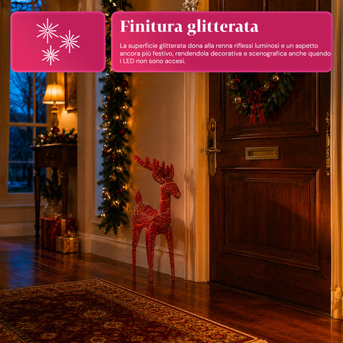 Renna Luminosa 90 cm Glitter con LED Luce Calda | Decorazione Natalizia in Vimini – 2 Finiture, 3 Colori