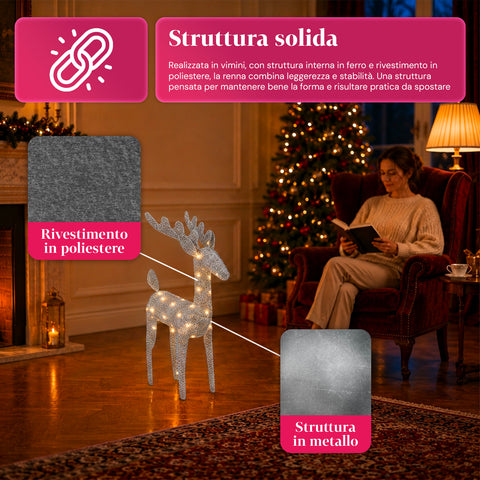 Renna Luminosa 90 cm Glitter con LED Luce Calda | Decorazione Natalizia in Vimini – 2 Finiture, 3 Colori