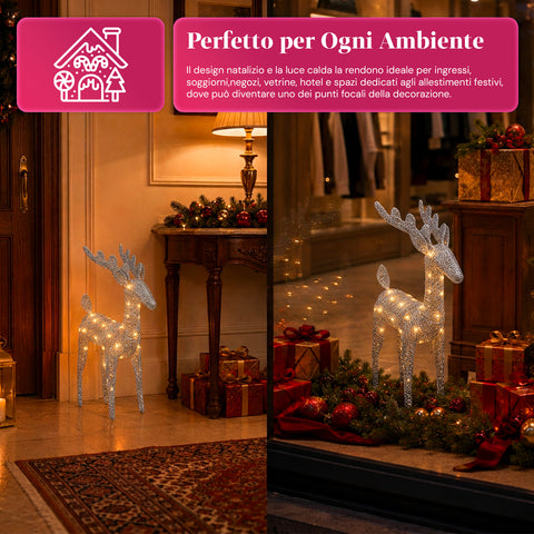 Renna Luminosa 90 cm Glitter con LED Luce Calda | Decorazione Natalizia in Vimini – 2 Finiture, 3 Colori