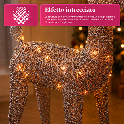 Renna Luminosa 90 cm Glitter con LED Luce Calda | Decorazione Natalizia in Vimini – 2 Finiture, 3 Colori