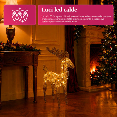 Renna Luminosa 90 cm Glitter con LED Luce Calda | Decorazione Natalizia in Vimini – 2 Finiture, 3 Colori
