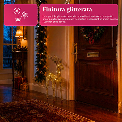 Renna Luminosa 90 cm Glitter con LED Luce Calda | Decorazione Natalizia in Vimini – 2 Finiture, 3 Colori