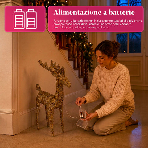 Renna Luminosa 90 cm Glitter con LED Luce Calda | Decorazione Natalizia in Vimini – 2 Finiture, 3 Colori