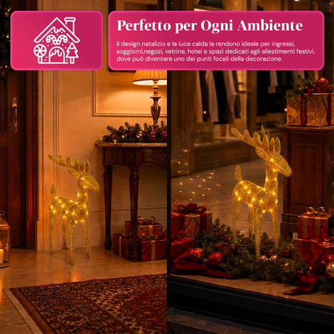 Renna Luminosa 90 cm Glitter con LED Luce Calda | Decorazione Natalizia in Vimini – 2 Finiture, 3 Colori