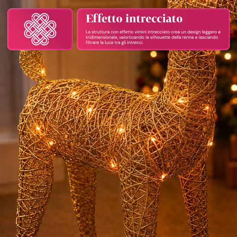 Renna Luminosa 90 cm Glitter con LED Luce Calda | Decorazione Natalizia in Vimini – 2 Finiture, 3 Colori