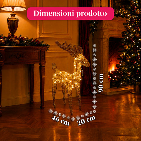 Renna Luminosa 90 cm Glitter con LED Luce Calda | Decorazione Natalizia in Vimini – 2 Finiture, 3 Colori