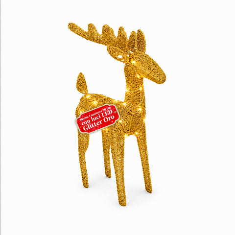 Renna Luminosa 90 cm Glitter con LED Luce Calda | Decorazione Natalizia in Vimini – 2 Finiture, 3 Colori