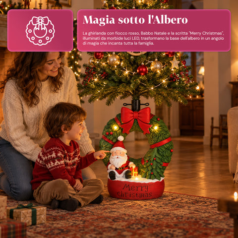Base per albero di Natale decorativa, 10 soggetti, in ferro e magnesio, aggancio universale, alberi fino a 210 cm, 2 modelli con luci LED