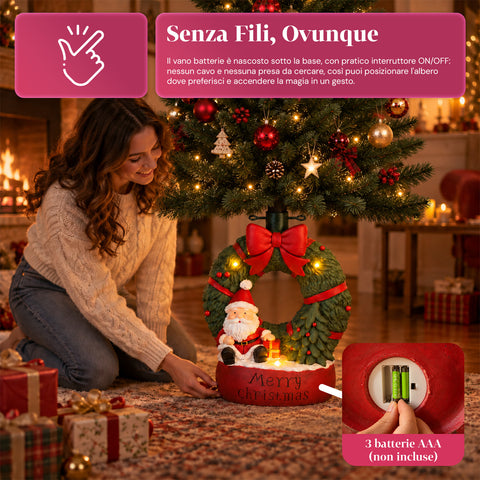 Base per albero di Natale decorativa, 10 soggetti, in ferro e magnesio, aggancio universale, alberi fino a 210 cm, 2 modelli con luci LED