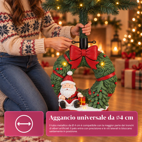 Base per albero di Natale decorativa, 10 soggetti, in ferro e magnesio, aggancio universale, alberi fino a 210 cm, 2 modelli con luci LED