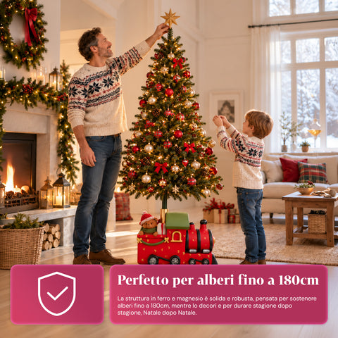 Base per albero di Natale decorativa, 10 soggetti, in ferro e magnesio, aggancio universale, alberi fino a 210 cm, 2 modelli con luci LED