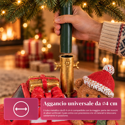 Base per albero di Natale decorativa, 10 soggetti, in ferro e magnesio, aggancio universale, alberi fino a 210 cm, 2 modelli con luci LED