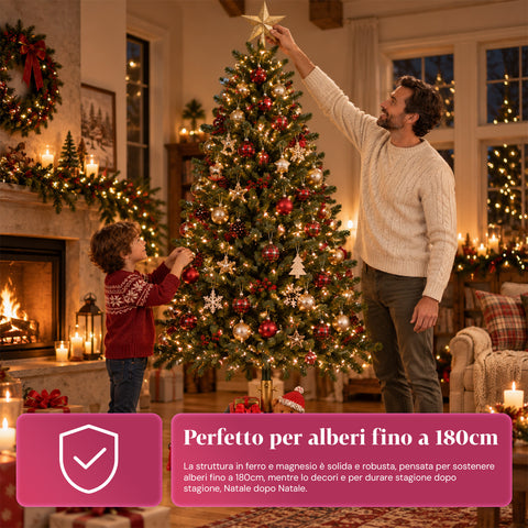 Base per albero di Natale decorativa, 10 soggetti, in ferro e magnesio, aggancio universale, alberi fino a 210 cm, 2 modelli con luci LED