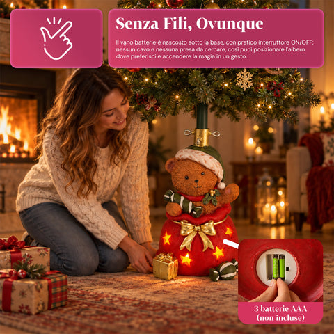 Base per albero di Natale decorativa, 10 soggetti, in ferro e magnesio, aggancio universale, alberi fino a 210 cm, 2 modelli con luci LED