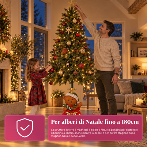 Base per albero di Natale decorativa, 10 soggetti, in ferro e magnesio, aggancio universale, alberi fino a 210 cm, 2 modelli con luci LED