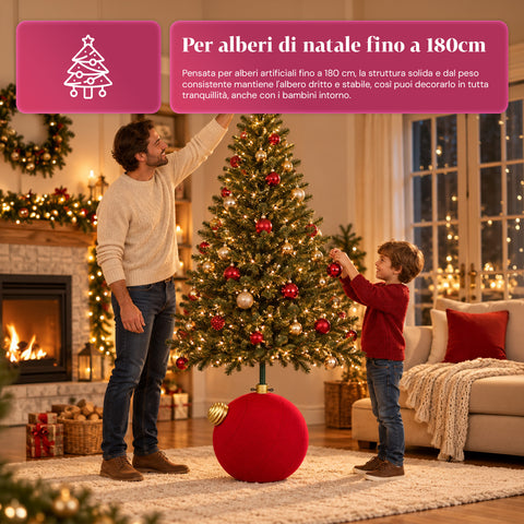 Base Albero di Natale a Palla Gigante Effetto Velluto 41x41x44 cm per Alberi fino a 180 cm - Copribase con Aggancio Ø 4 cm, Rosso Bordeaux Verde
