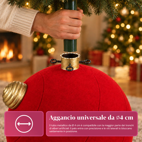 Base Albero di Natale a Palla Gigante Effetto Velluto 41x41x44 cm per Alberi fino a 180 cm - Copribase con Aggancio Ø 4 cm, Rosso Bordeaux Verde