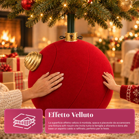 Base Albero di Natale a Palla Gigante Effetto Velluto 41x41x44 cm per Alberi fino a 180 cm - Copribase con Aggancio Ø 4 cm, Rosso Bordeaux Verde