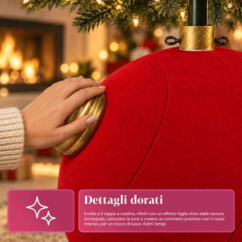 Base Albero di Natale a Palla Gigante Effetto Velluto 41x41x44 cm per Alberi fino a 180 cm - Copribase con Aggancio Ø 4 cm, Rosso Bordeaux Verde