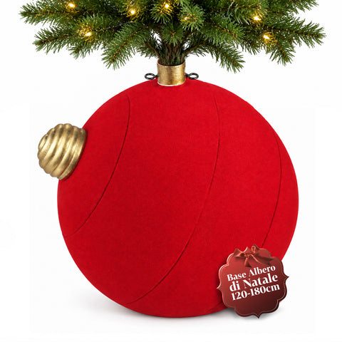 Base Albero di Natale a Palla Gigante Effetto Velluto 41x41x44 cm per Alberi fino a 180 cm - Copribase con Aggancio Ø 4 cm, Rosso Bordeaux Verde