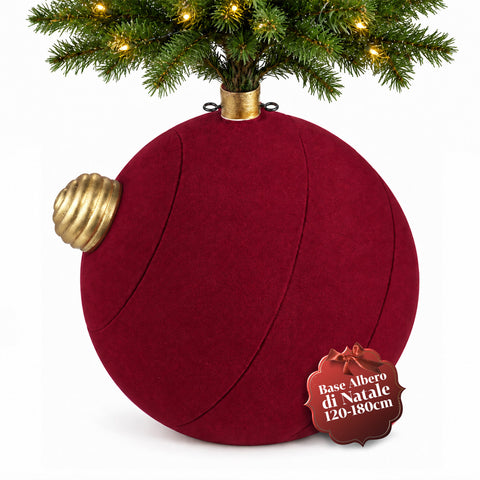Base Albero di Natale a Palla Gigante Effetto Velluto 41x41x44 cm per Alberi fino a 180 cm - Copribase con Aggancio Ø 4 cm, Rosso Bordeaux Verde