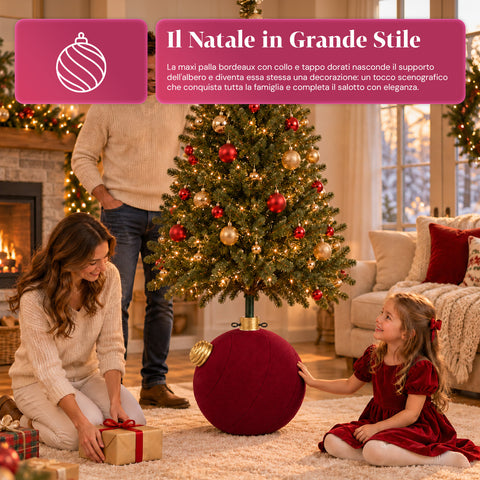 Base Albero di Natale a Palla Gigante Effetto Velluto 41x41x44 cm per Alberi fino a 180 cm - Copribase con Aggancio Ø 4 cm, Rosso Bordeaux Verde