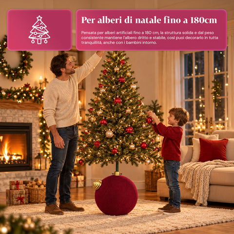 Base Albero di Natale a Palla Gigante Effetto Velluto 41x41x44 cm per Alberi fino a 180 cm - Copribase con Aggancio Ø 4 cm, Rosso Bordeaux Verde