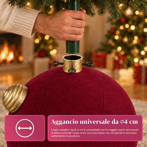 Base Albero di Natale a Palla Gigante Effetto Velluto 41x41x44 cm per Alberi fino a 180 cm - Copribase con Aggancio Ø 4 cm, Rosso Bordeaux Verde