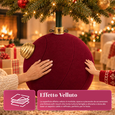 Base Albero di Natale a Palla Gigante Effetto Velluto 41x41x44 cm per Alberi fino a 180 cm - Copribase con Aggancio Ø 4 cm, Rosso Bordeaux Verde