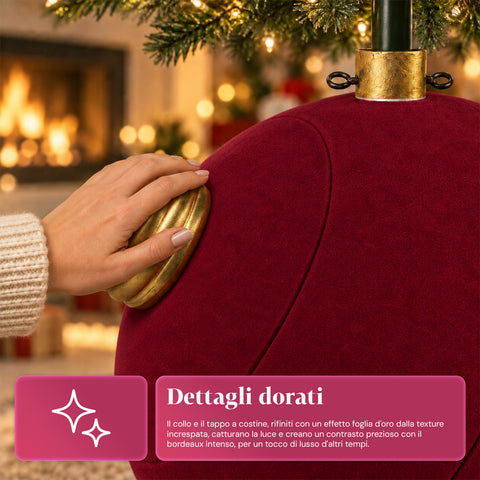 Base Albero di Natale a Palla Gigante Effetto Velluto 41x41x44 cm per Alberi fino a 180 cm - Copribase con Aggancio Ø 4 cm, Rosso Bordeaux Verde