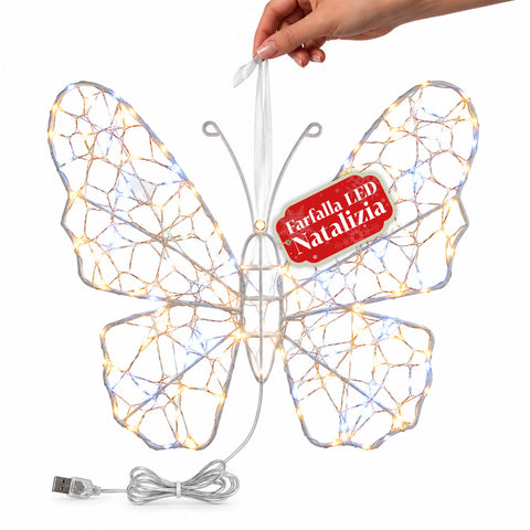 Farfalla Luminosa LED Bianca 50x40 cm – Lampada Decorativa in Ferro con Filo Dorato, Luci Bianche Calde e Fredde, Alimentazione USB e Gancio