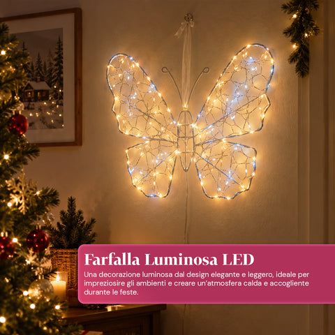 Farfalla Luminosa LED Bianca 50x40 cm – Lampada Decorativa in Ferro con Filo Dorato, Luci Bianche Calde e Fredde, Alimentazione USB e Gancio